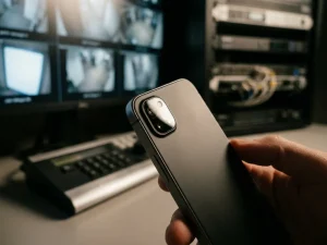 Smartphone met prominente cameralens fotografeert beveiligingsmonitoring apparatuur op de achtergrond