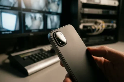 Smartphone met prominente cameralens fotografeert beveiligingsmonitoring apparatuur op de achtergrond
