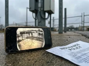 Gebarsten smartphone met beveiligingscamera-feed naast verzekeringsdocument op betonnen ondergrond met regendruppels