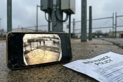 Gebarsten smartphone met beveiligingscamera-feed naast verzekeringsdocument op betonnen ondergrond met regendruppels