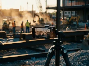 Smartphone op statief filmt drukke bouwplaats met tijdversnelling van arbeiders en machines tijdens gouden uur