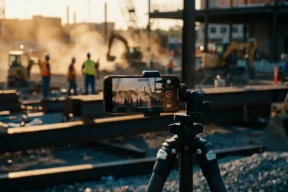 Smartphone op statief filmt drukke bouwplaats met tijdversnelling van arbeiders en machines tijdens gouden uur