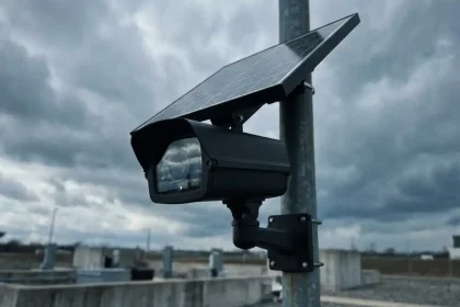 Zwarte zonnepaneel beveiligingscamera op metalen paal tegen bewolkte grijze hemel in industriële buitenomgeving