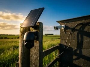 Zonne-aangedreven beveiligingscamera op houten hekpaal naast traditionele bedrade camera op betonnen muur in landelijke omgeving