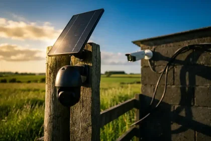 Zonne-aangedreven beveiligingscamera op houten hekpaal naast traditionele bedrade camera op betonnen muur in landelijke omgeving