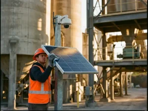 Technicus in veiligheidsvest reinigt zonnepaneel van beveiligingscamera op metalen paal in industriële omgeving