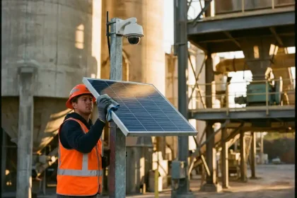 Technicus in veiligheidsvest reinigt zonnepaneel van beveiligingscamera op metalen paal in industriële omgeving