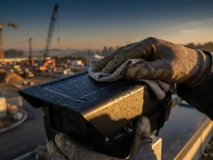 Technicus reinigt zonnepaneel op beveiligingscamera met microvezeldoek, dauwdruppels vangen ochtendlicht op bouwplaats