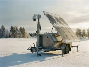 Zonnepanelen op mobiele beveiligingstoren in besneeuwd veld met winterzonlicht en ijsbedekte bomen op achtergrond