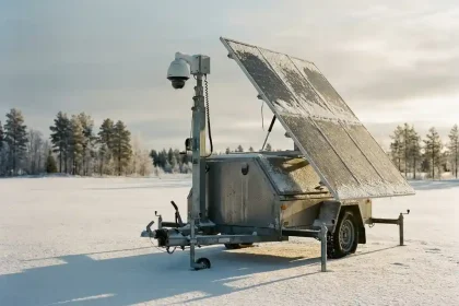Zonnepanelen op mobiele beveiligingstoren in besneeuwd veld met winterzonlicht en ijsbedekte bomen op achtergrond