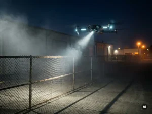 Bewakingsdrone met spotlight boven mistig industrieel terrein 's nachts, scherpe schaduwen op kettinghekwerk in marineblauw licht.