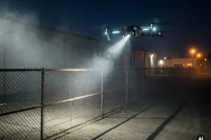 Bewakingsdrone met spotlight boven mistig industrieel terrein 's nachts, scherpe schaduwen op kettinghekwerk in marineblauw licht.