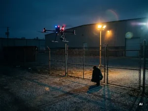 Bewakingsdrone boven industrieel hek bij schemering, sensoren gericht op gedekte figuur bij poort in blauwgrijs licht met amber schijnwerper.