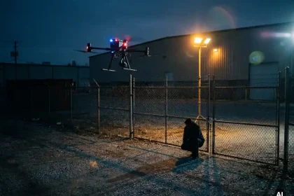 Bewakingsdrone boven industrieel hek bij schemering, sensoren gericht op gedekte figuur bij poort in blauwgrijs licht met amber schijnwerper.