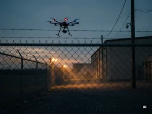 Beveiligingsdrone boven industrieel hek bij schemering, bewegingssensoren verlichten grindterrein met amber licht, bewakingscamera op paal op achtergrond.