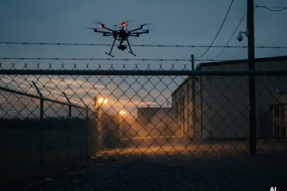 Beveiligingsdrone boven industrieel hek bij schemering, bewegingssensoren verlichten grindterrein met amber licht, bewakingscamera op paal op achtergrond.