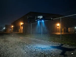 Beveiligingsdrone zweeft 's nachts boven industrieel terrein, blauwe lichtbundels verlichten grindpad en kettinghekwerk in dichte mist.