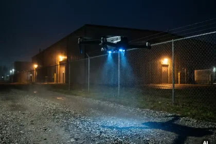 Beveiligingsdrone zweeft 's nachts boven industrieel terrein, blauwe lichtbundels verlichten grindpad en kettinghekwerk in dichte mist.