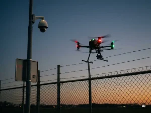 Beveiligingsdrone boven industrieel hekwerk in Nederland bij schemering, met navigatielichten en bewakingscamera op stalen paal.