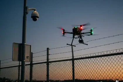Beveiligingsdrone boven industrieel hekwerk in Nederland bij schemering, met navigatielichten en bewakingscamera op stalen paal.