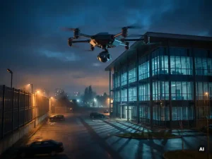 Bewakingsdrone zweeft bij schemering boven modern kantoorgebouw met beveiligd parkeerterrein en omheiningsperimeter.