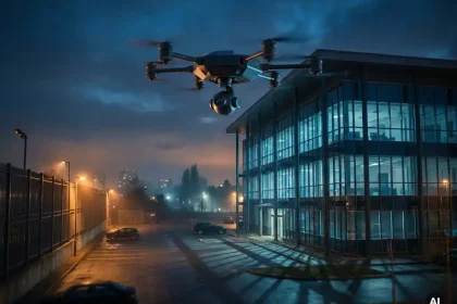 Bewakingsdrone zweeft bij schemering boven modern kantoorgebouw met beveiligd parkeerterrein en omheiningsperimeter.