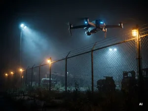 Bewakingsdrone die 's nachts laag boven een industrieel hek zweeft, camera omlaag gericht, blauwe schijnwerpers en amberkleurig beveiligingslicht.