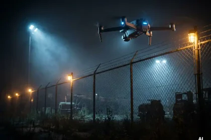 Bewakingsdrone die 's nachts laag boven een industrieel hek zweeft, camera omlaag gericht, blauwe schijnwerpers en amberkleurig beveiligingslicht.