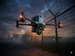 Bewakingsdrone zweeft bij schemering boven industrieel hekwerk, camera omlaag gericht, met amberkleurige waarschuwingslichten op metaal.