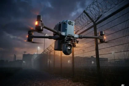Bewakingsdrone zweeft bij schemering boven industrieel hekwerk, camera omlaag gericht, met amberkleurige waarschuwingslichten op metaal.