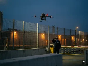 Bewakingsdrone met rode navigatieverlichting boven omheind industrieel terrein bij schemering, bewaker staat bij slagboom.