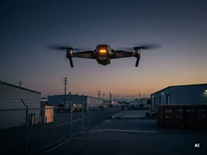 Bewakingsdrone boven industrieel terrein bij schemering, met omheining en magazijnen op de achtergrond in marineblauw en amberkleurig licht.