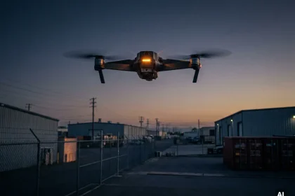 Bewakingsdrone boven industrieel terrein bij schemering, met omheining en magazijnen op de achtergrond in marineblauw en amberkleurig licht.