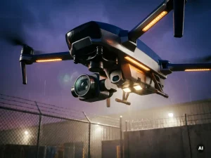 Beveiligingsdrone met sensoren zweeft boven industrieel terrein bij schemering, verlicht door amberkleurige schijnwerpers en kettinghekhek.
