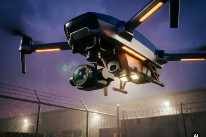 Beveiligingsdrone met sensoren zweeft boven industrieel terrein bij schemering, verlicht door amberkleurige schijnwerpers en kettinghekhek.