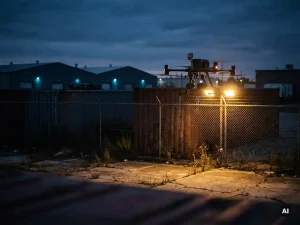 Beveiligingsdrone patrouillert bij schemering boven industrieel terrein, met amberkleurige schijnwerpers op omheining en betonnen ondergrond.