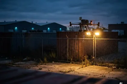 Beveiligingsdrone patrouillert bij schemering boven industrieel terrein, met amberkleurige schijnwerpers op omheining en betonnen ondergrond.