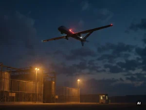 Bewakingsdrone met rode en witte navigatielichten zweeft bij schemering boven industrieel terrein, leeg wachthuisje zichtbaar beneden.
