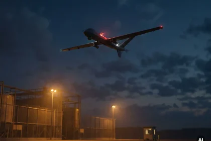 Bewakingsdrone met rode en witte navigatielichten zweeft bij schemering boven industrieel terrein, leeg wachthuisje zichtbaar beneden.