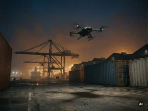 Bewakingsdrone zweeft bij schemering boven industriële haven met laadkranen en pakhuizen in staalgrijs en amber licht.