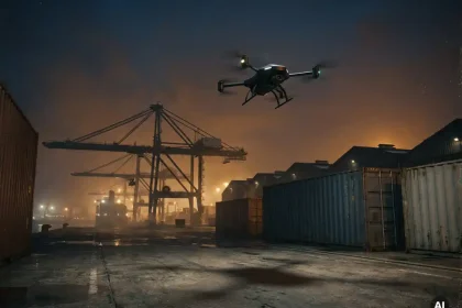 Bewakingsdrone zweeft bij schemering boven industriële haven met laadkranen en pakhuizen in staalgrijs en amber licht.