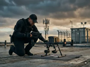 Beveiligingsoperator inspecteert bewakingsdrone op industrieel dak met communicatietorens op de achtergrond.