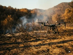 Bewakingsdrone die laag boven een verdroogd bos vliegt, met rookpluimen uit droge begroeiing in amberkleurig avondlicht.
