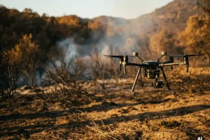Bewakingsdrone die laag boven een verdroogd bos vliegt, met rookpluimen uit droge begroeiing in amberkleurig avondlicht.