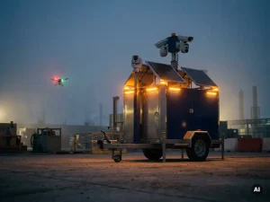 Mobiele bewakingscamera op betonnen ondergrond bij schemering, met drone op de achtergrond in industriële beveiligingsomgeving.