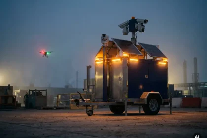 Mobiele bewakingscamera op betonnen ondergrond bij schemering, met drone op de achtergrond in industriële beveiligingsomgeving.